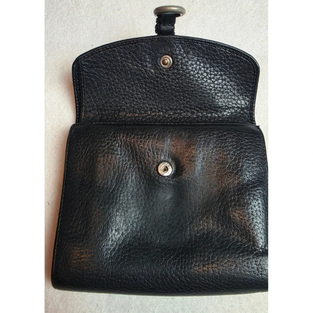 Authentic Black Pebbled Leather Trifold Wallet Buckle Ring Detail Made in Italy